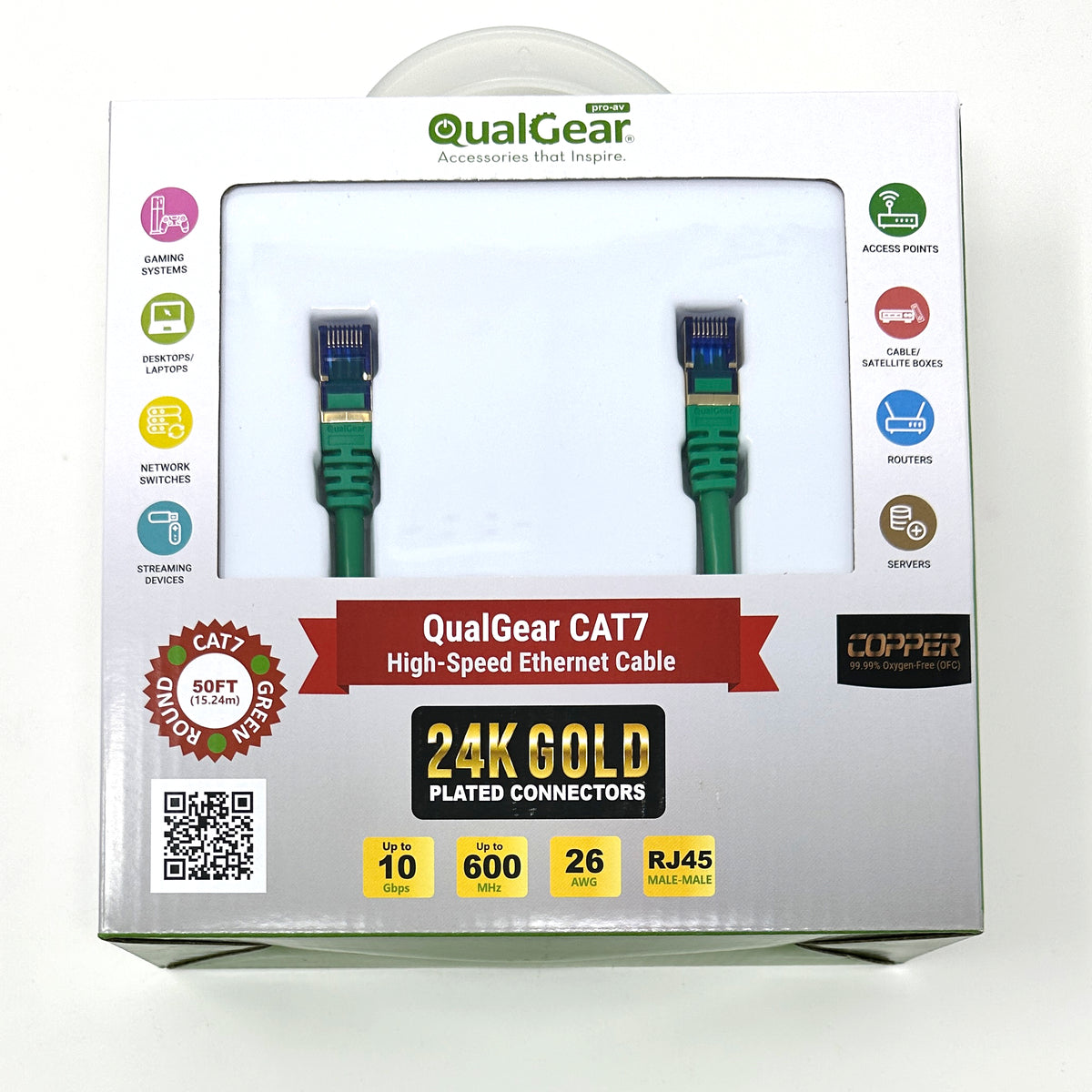QualGear Cat 7 Ethernet cable retail box, 50 ft, green