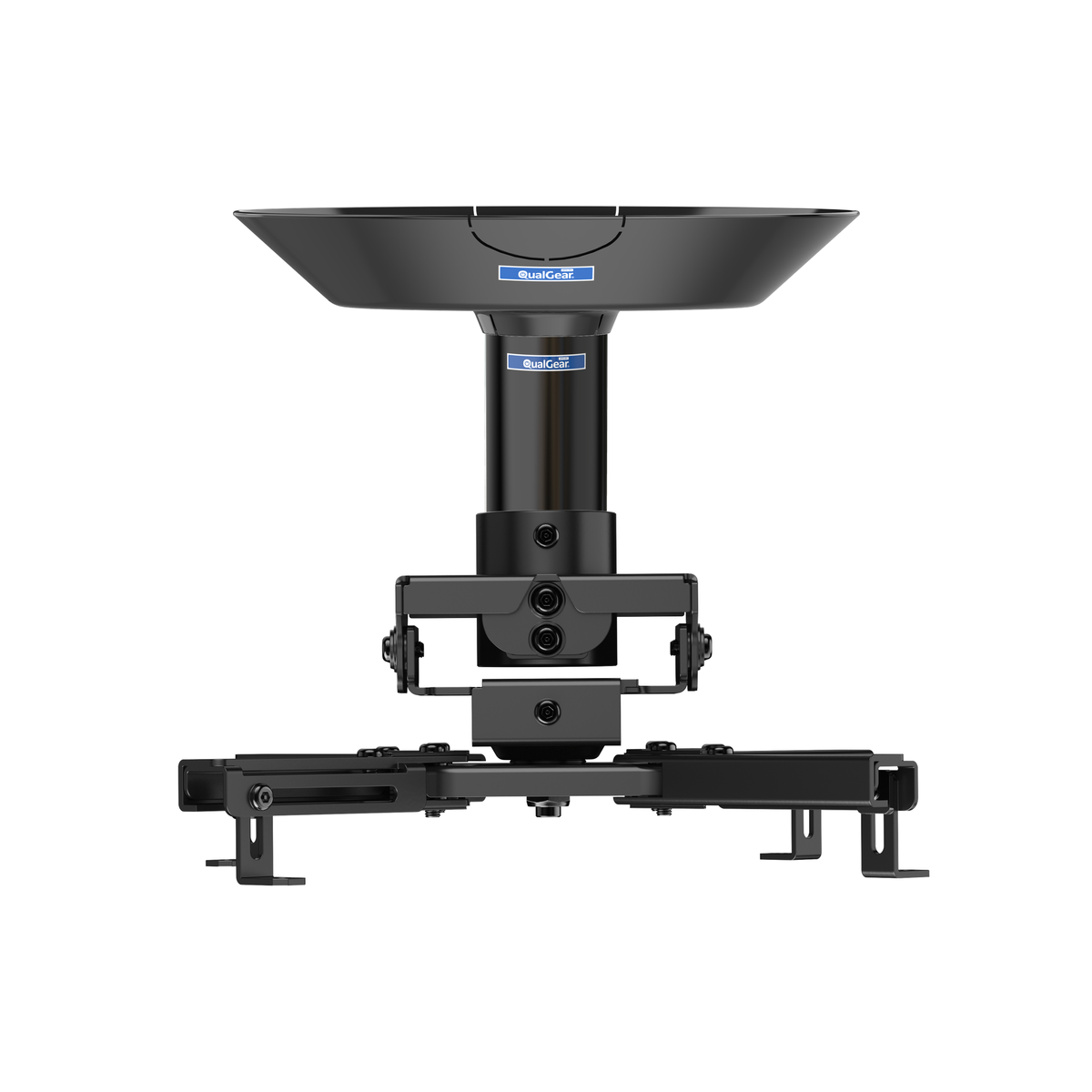 QualGear projector ceiling mount kit, black, assembled front view (QG-KIT-CA-3IN-B)