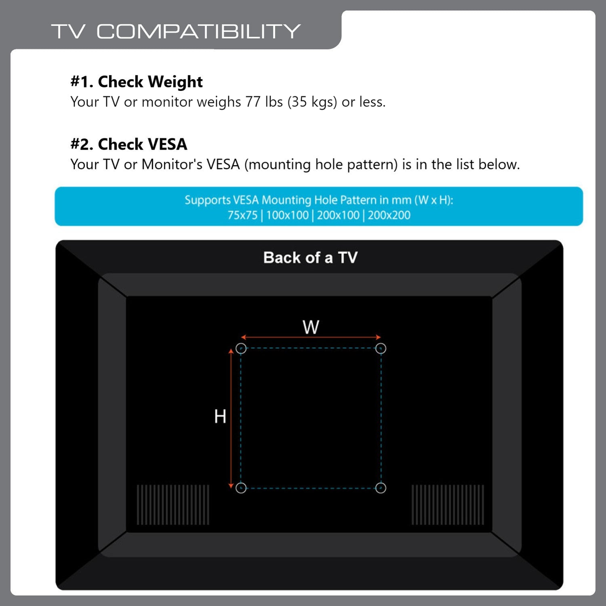 QG-TM-005-WHT TV compatibility chart: TVs up to 77 lb / 35 kg without stand, with the supported VESA patterns