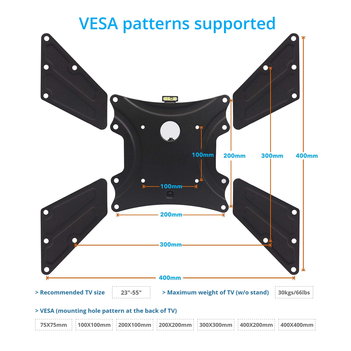 QG-TM-021-BLK VESA chart: bracket dimensions and the 7 supported VESA patterns from 75x75 to 400x400 mm, for 23-55 in TVs up to 66 lb