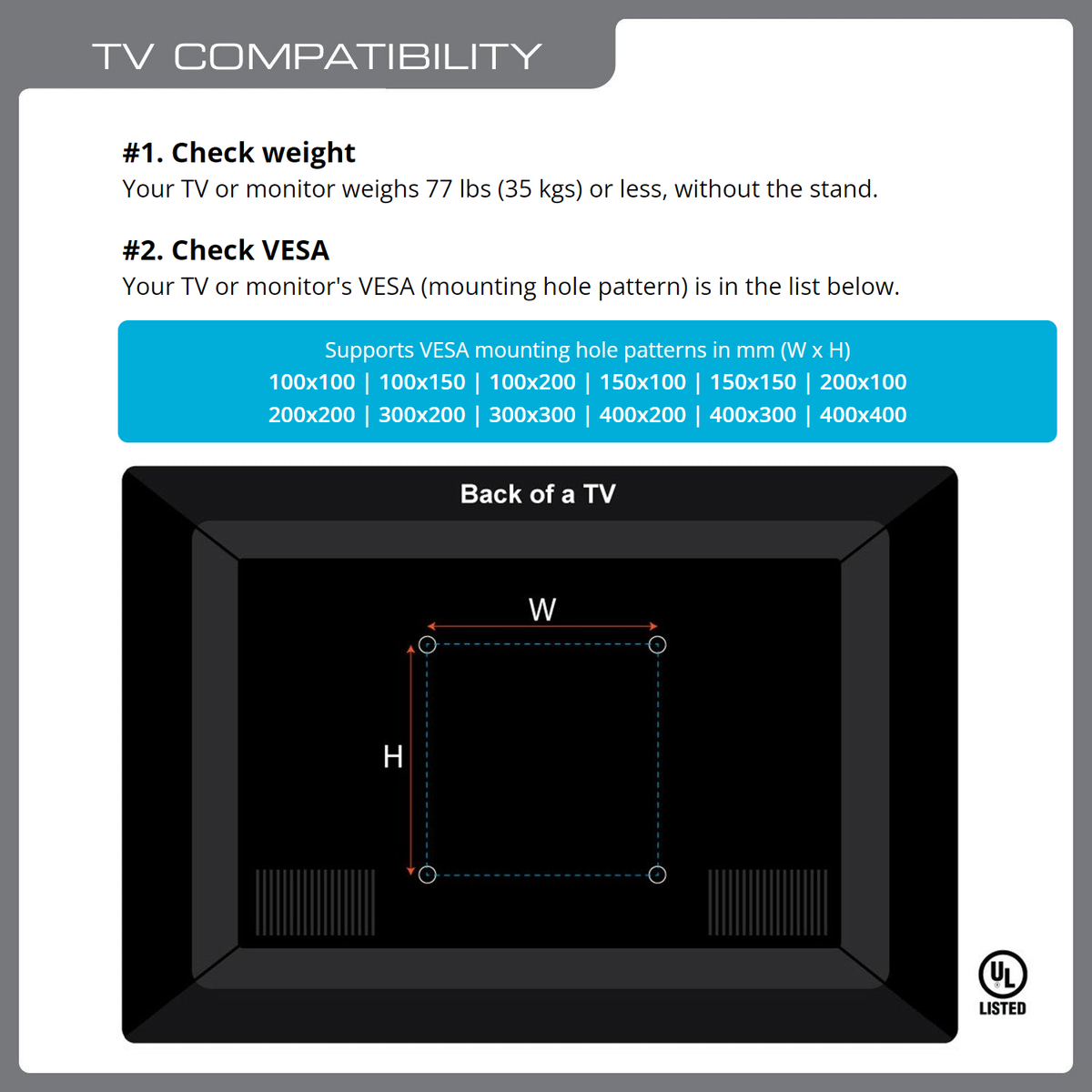 QG-TM-F-014 TV compatibility chart: TVs up to 77 lb / 35 kg without stand, 12 VESA patterns from 100x100 to 400x400 mm