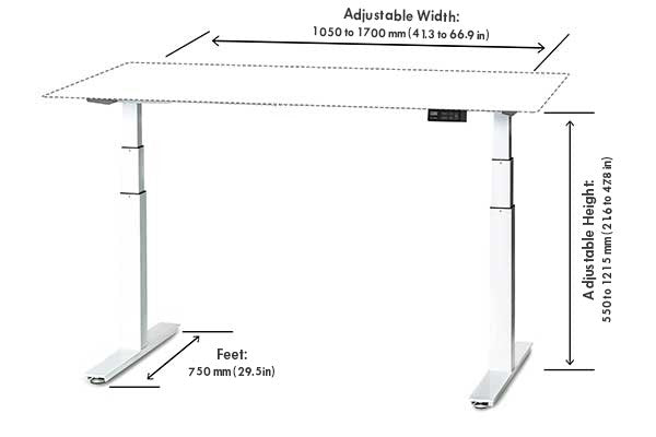 QualGear smart standing desk frame dual motor electric tabletop not included, with dimensions.