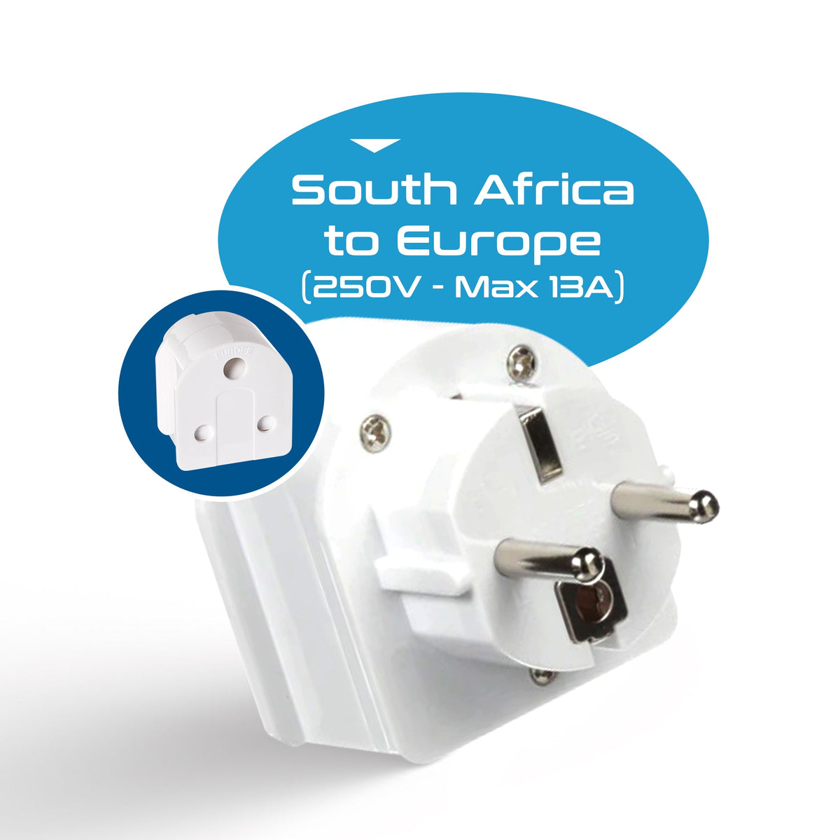 South Africa to Europe Schuko - Type E/F - Travel Plug Adapter - Grounded (SA-EU)