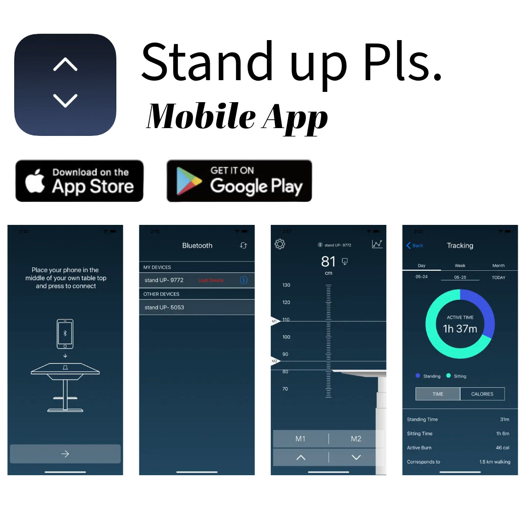 Stand Up Pls mobile app screens for the QualGear Smart Standing Desk