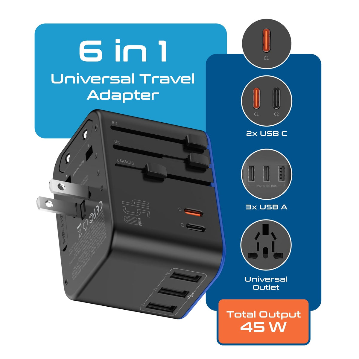 All-In-One International Travel Adapter Plug - 2 USB-C (PD & QC) - 3 USB Ports (UP-11KU)