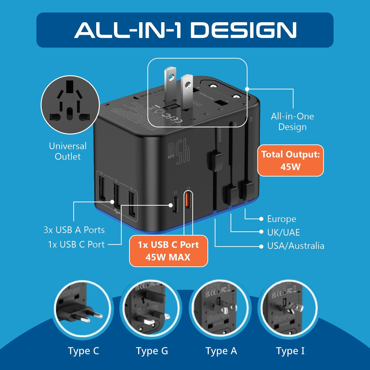 All-In-One International Travel Adapter Plug - 2 USB-C (PD & QC) - 3 USB Ports (UP-11KU)