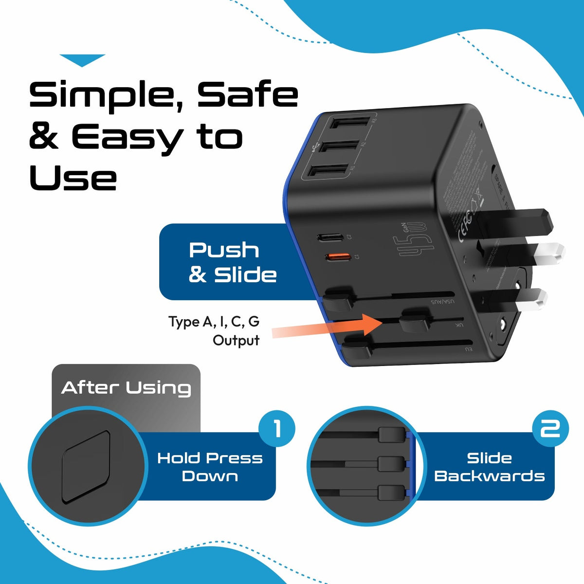 All-In-One International Travel Adapter Plug - 2 USB-C (PD & QC) - 3 USB Ports (UP-11KU)