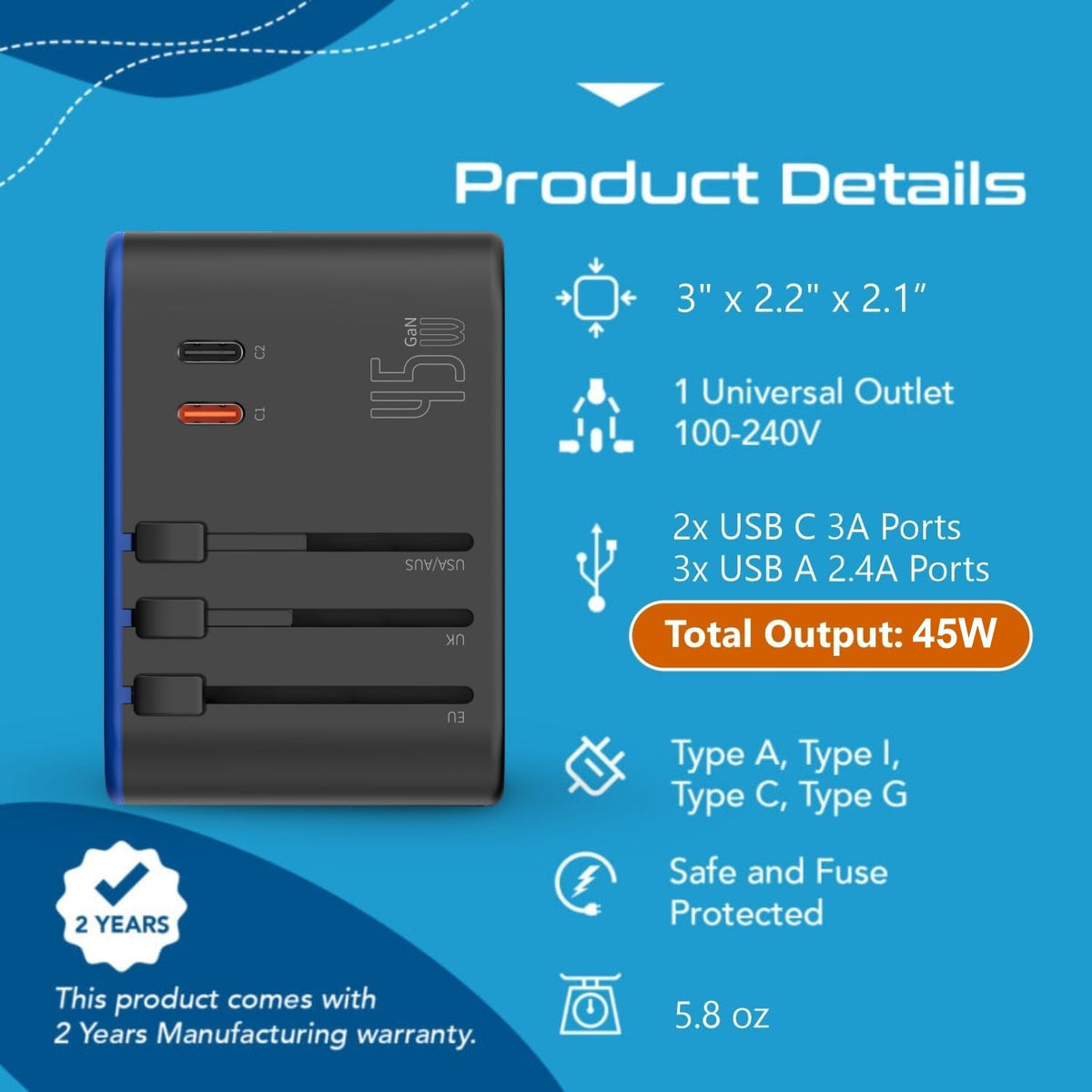 All-In-One International Travel Adapter Plug - 2 USB-C (PD & QC) - 3 USB Ports (UP-11KU)
