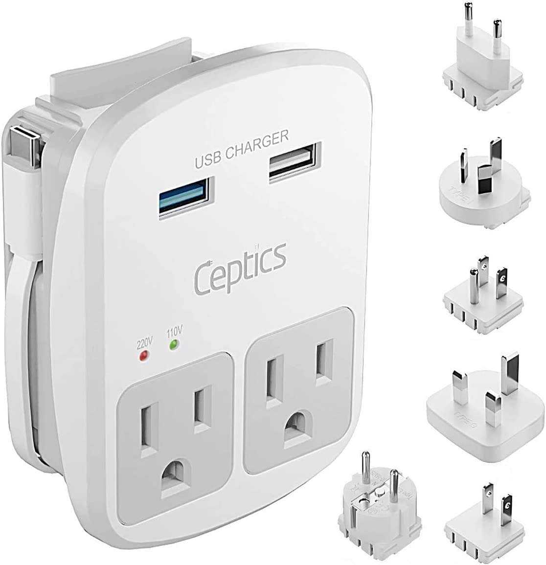World-Way 6 Travel Adapter Kit | 2 USB, 1 USB-C Cable + 2 US Outlets - Grounded (WPS-2B)
