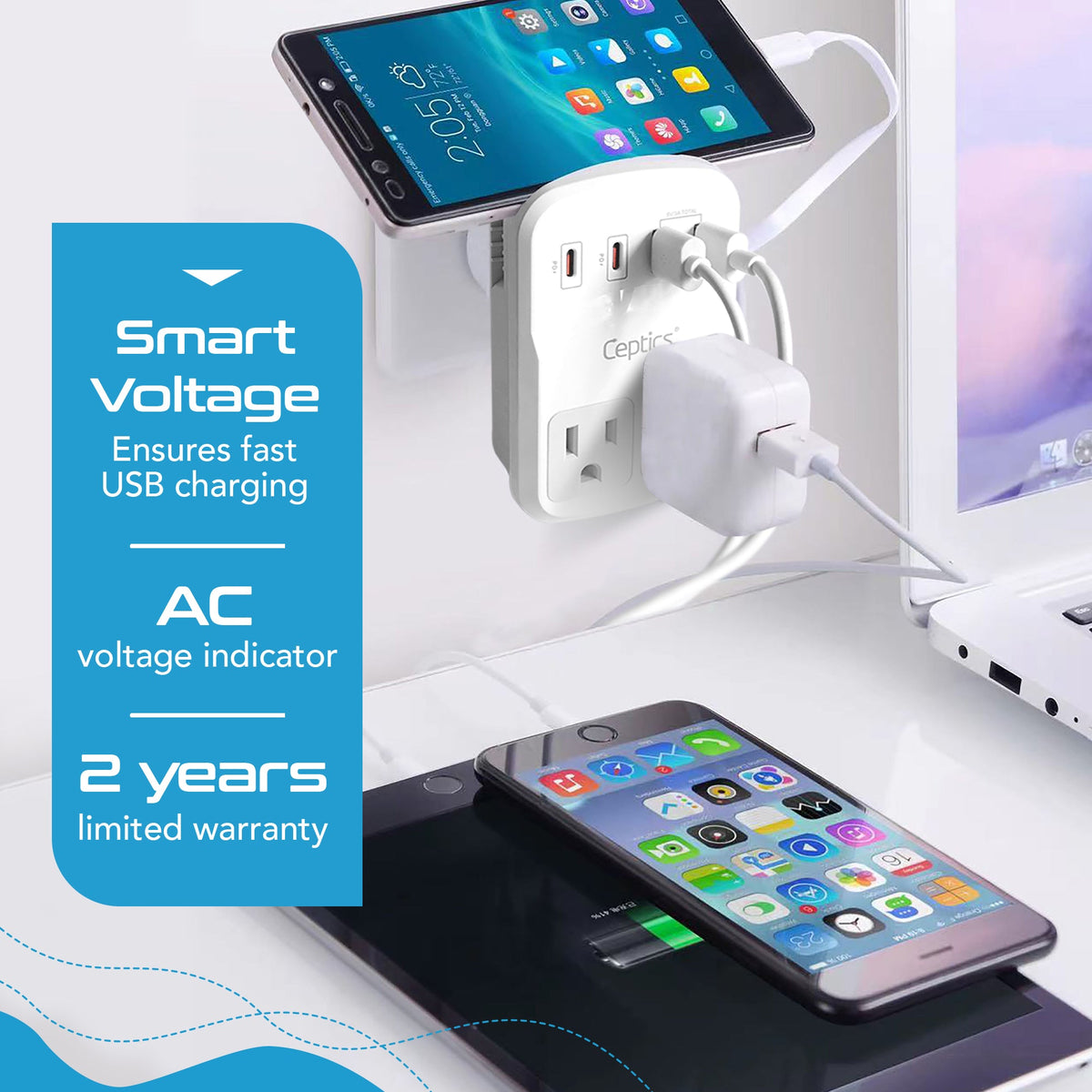 World-Way 6 Travel Adapter Kit | 2 USB-A + 2 USB-C + 1 USB-C Cable + 2 US Outlets - Grounded (WPS-5B)