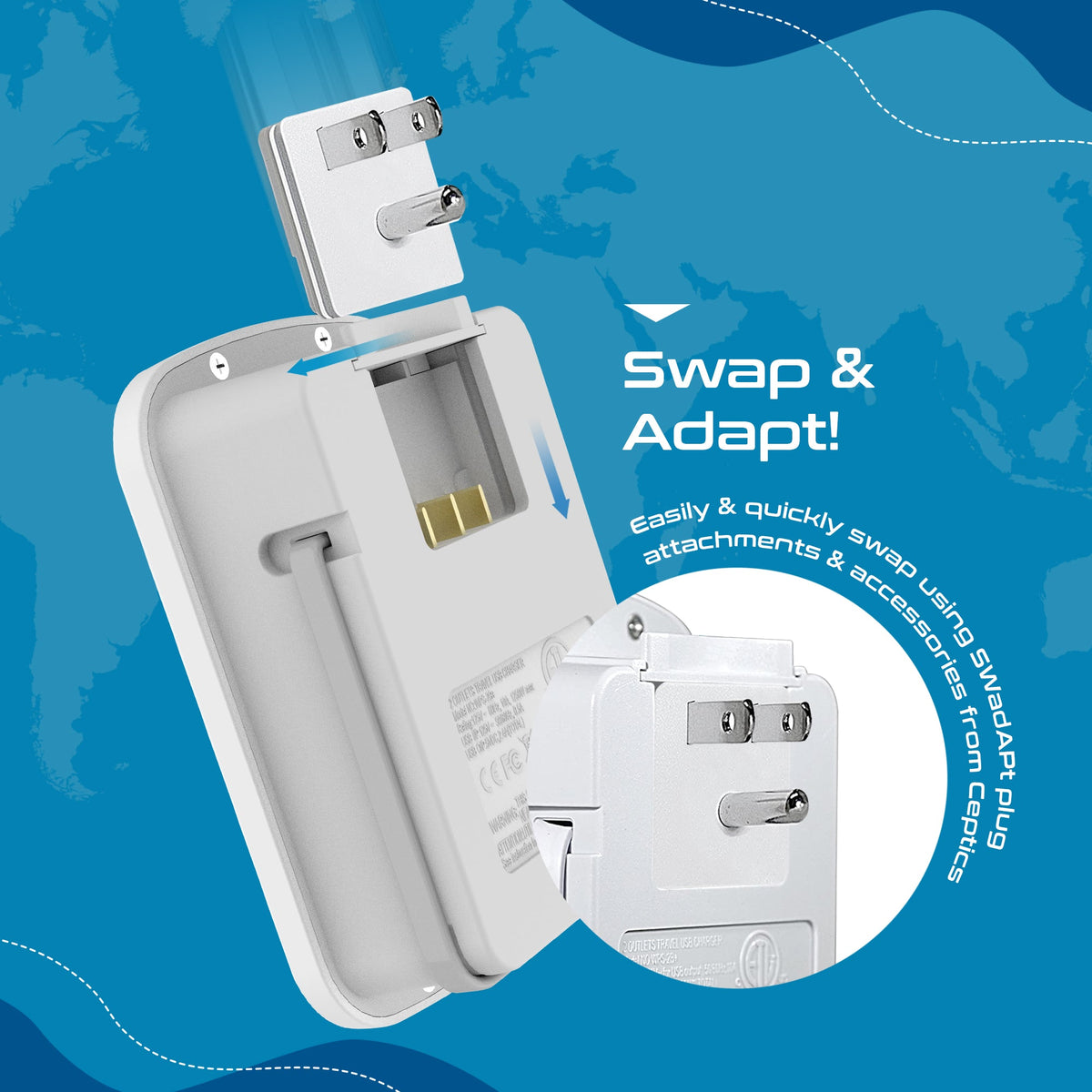 World-Way 6 Travel Adapter Kit | 2 USB-A + 2 USB-C + 1 USB-C Cable + 2 US Outlets - Grounded (WPS-5B)