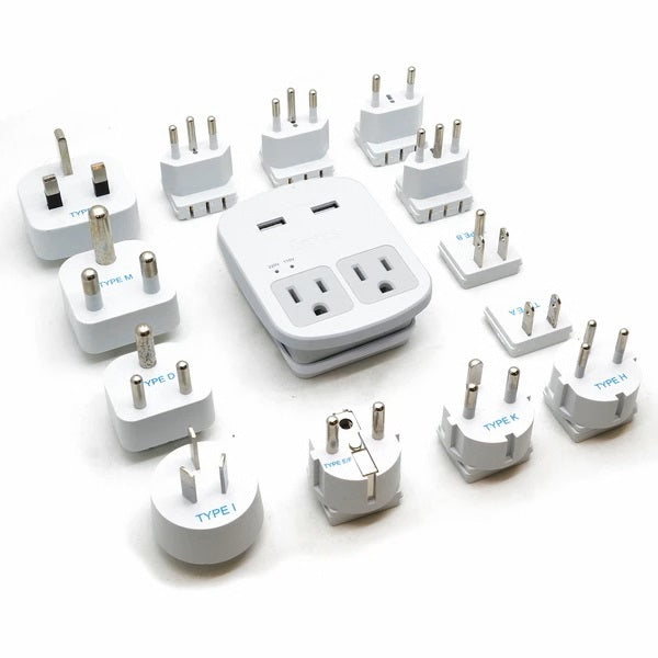 World-Way 6 Travel Adapter Kit | 2 USB, 1 USB-C Cable + 2 US Outlets - Grounded (WPS-2B)
