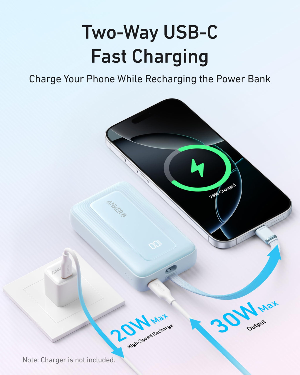 Anker Zolo Power Bank (10K, 30W) with a 5.4-inch (13.7 cm) built-in USB-C cable.