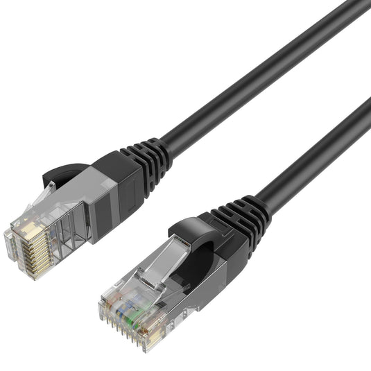 QualGear CAT 6 outdoor ethernet cable weatherproof 24 awg 250 mhz black, close-up detail.