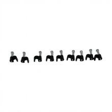 Row of QualGear 4 mm black cable clips with steel nails, laid out on a white background