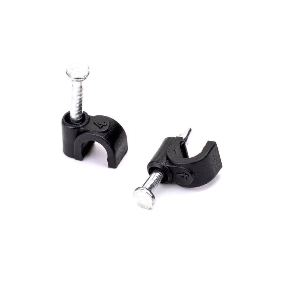 Two QualGear 4 mm black cable clips with steel nails, shown from front and back angles