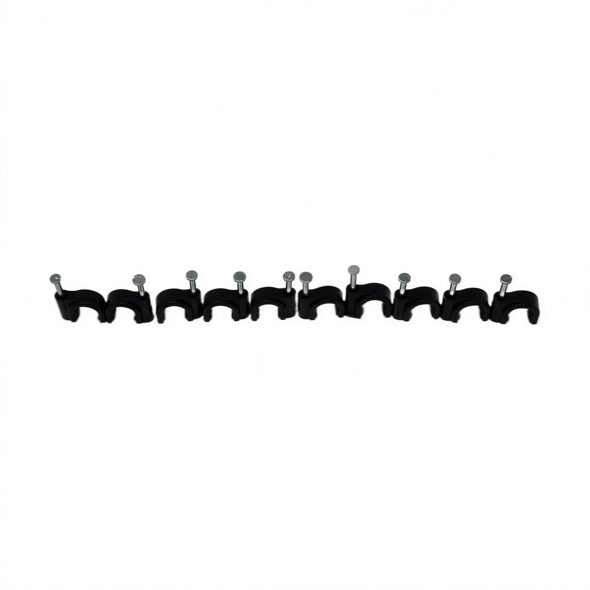 Row of ten QualGear 8 mm black cable clips with steel nails, laid out on a white background
