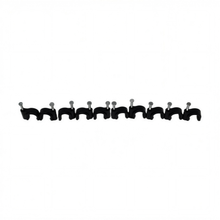 Row of ten QualGear 8 mm black cable clips with steel nails, laid out on a white background