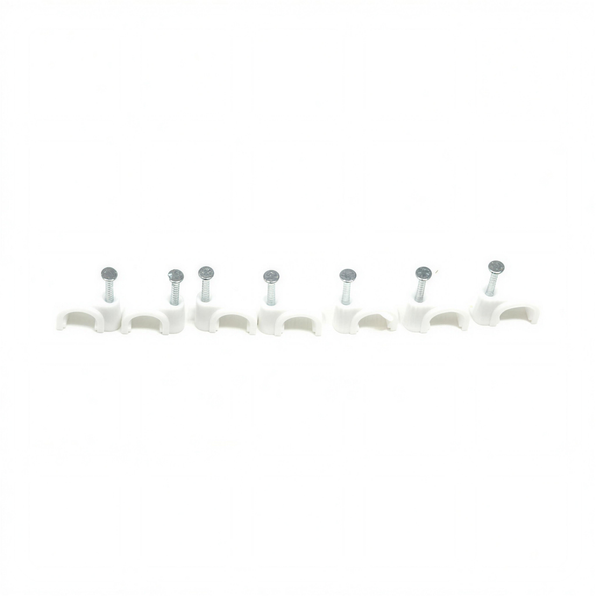 Row of seven QualGear 8 mm white cable clips with steel nails, laid out on a white background