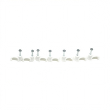 Row of seven QualGear 8 mm white cable clips with steel nails, laid out on a white background