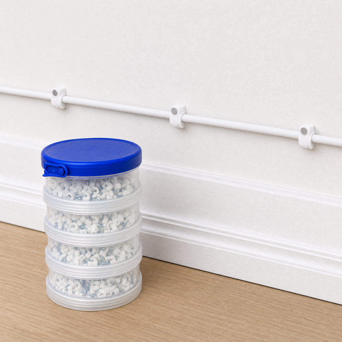 QualGear 400-pack cable clip canister in white (4, 6, 8, 10 mm) beside clips mounted on a white wall