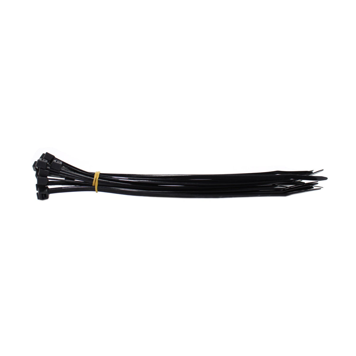 Two black QualGear self-locking ties crossed close up, showing the locking head and teeth