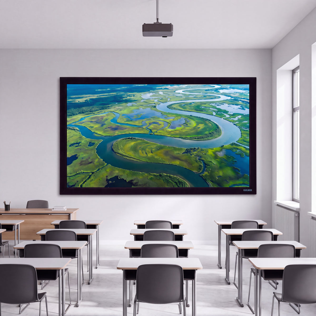 QualGear 100-In 16:9 Fixed Frame Projector Screen, shown installed.