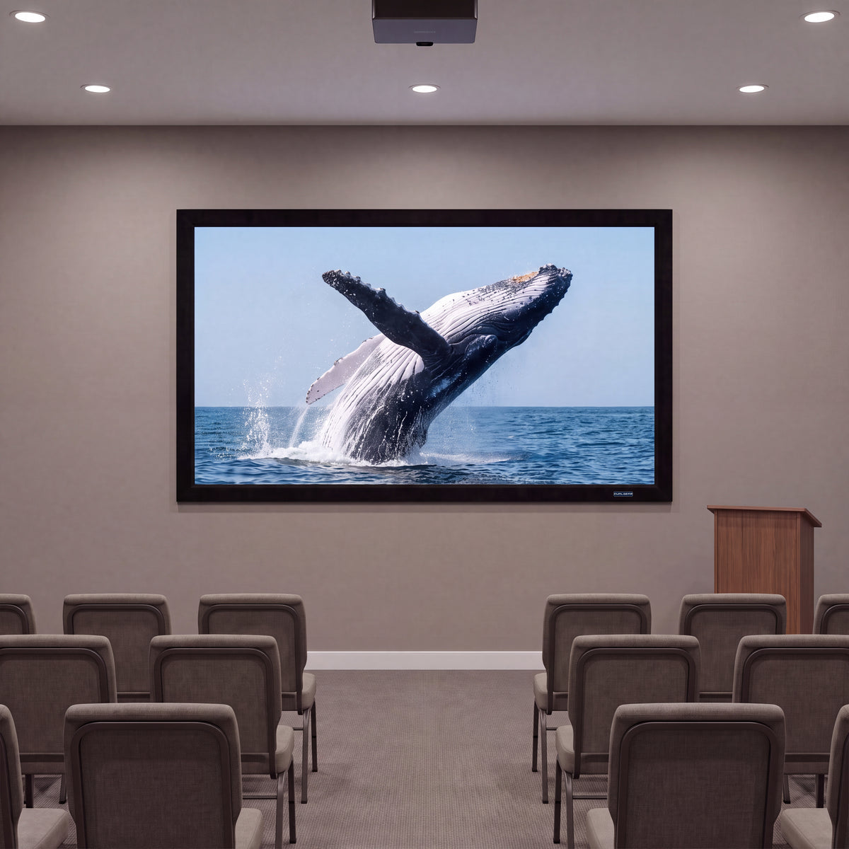 QualGear 110-In 16:9 Fixed Frame Projector Screen, shown installed.