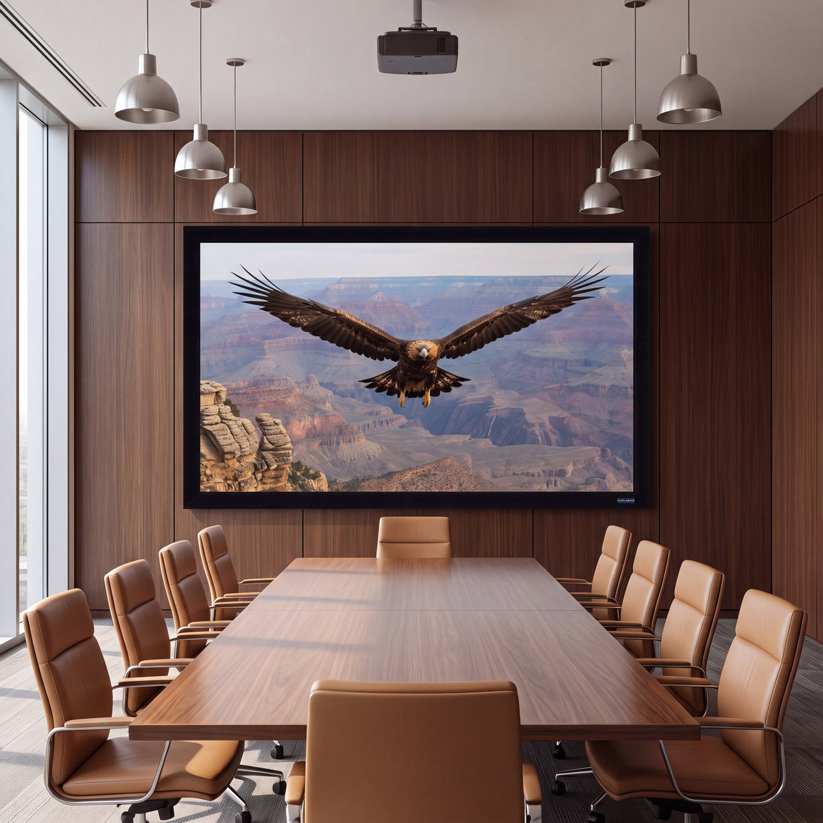 QualGear 120-In 16:9 Fixed Frame Projector Screen, shown installed.