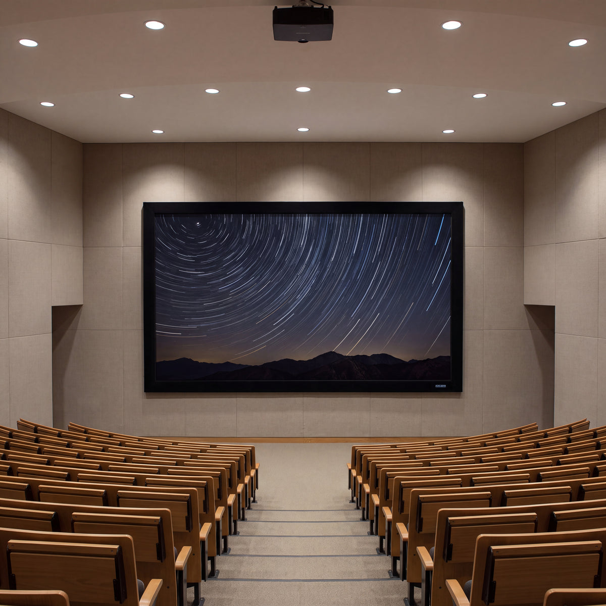 QualGear 135-In 16:9 Fixed Frame Projector Screen, shown installed.
