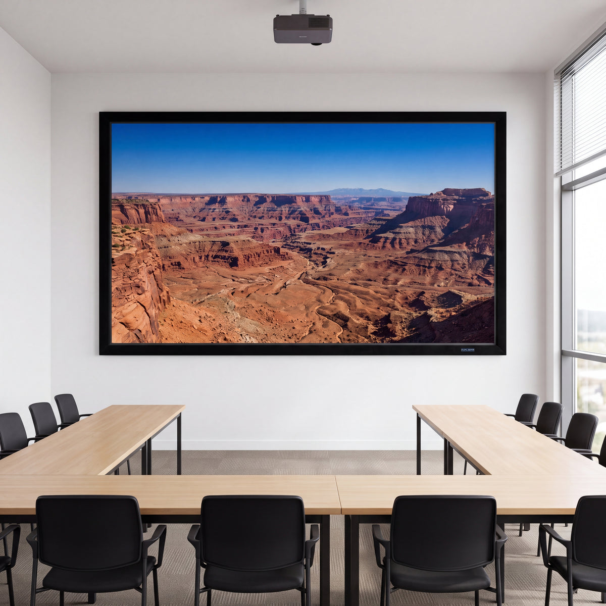QualGear 135-In 16:9 Fixed Frame Projector Screen, shown installed.