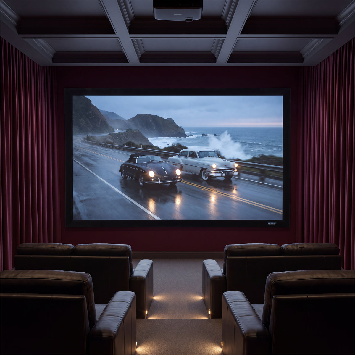 QualGear 135-In 16:9 Fixed Frame Projector Screen, shown installed.