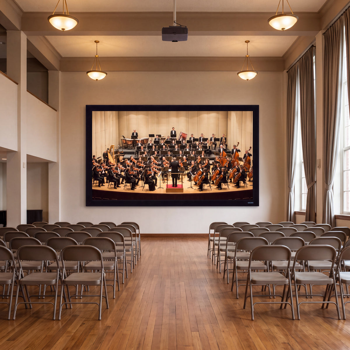 QualGear 135-In 16:9 Fixed Frame Projector Screen, shown installed.