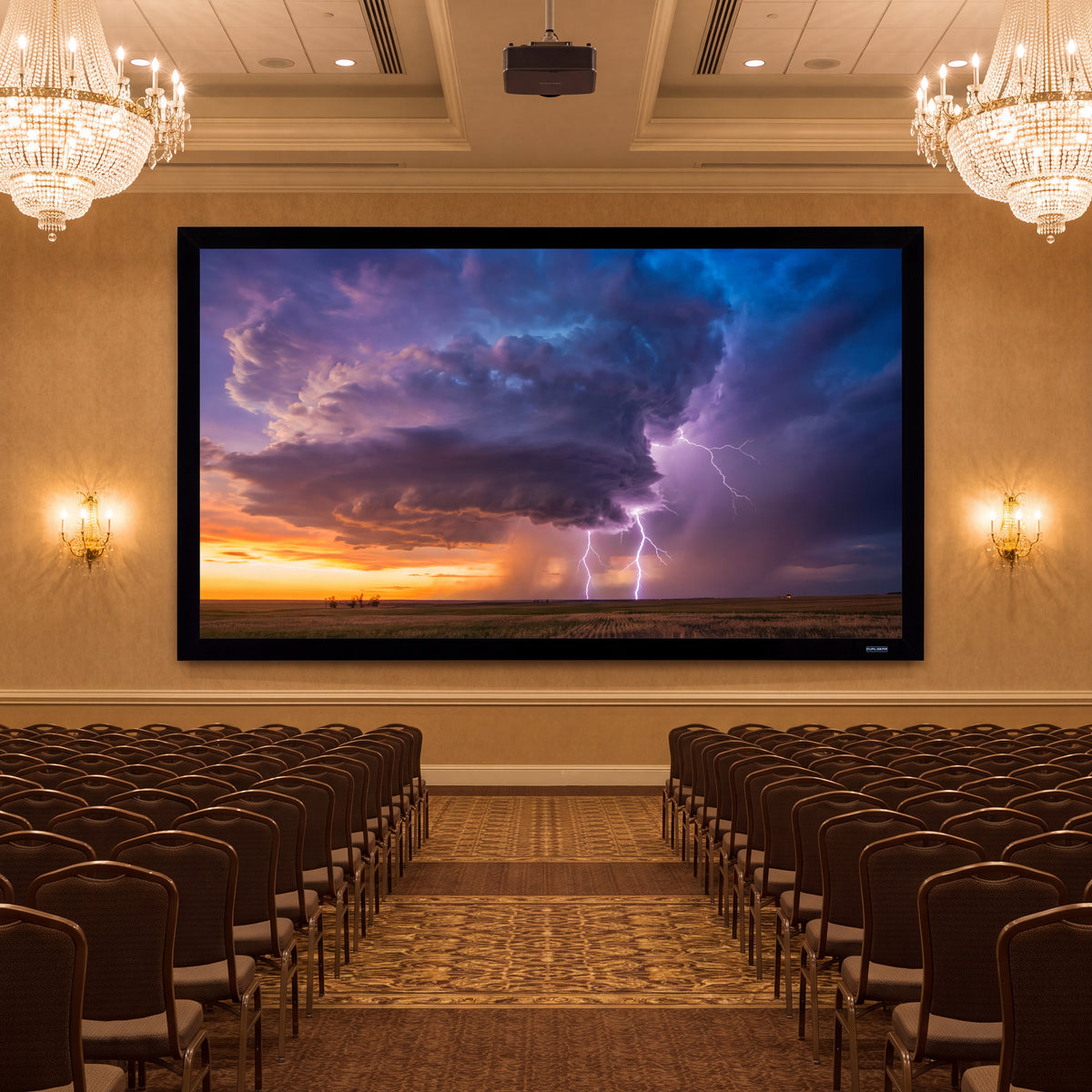 QualGear 150-In 16:9 Fixed Frame Projector Screen, shown installed.