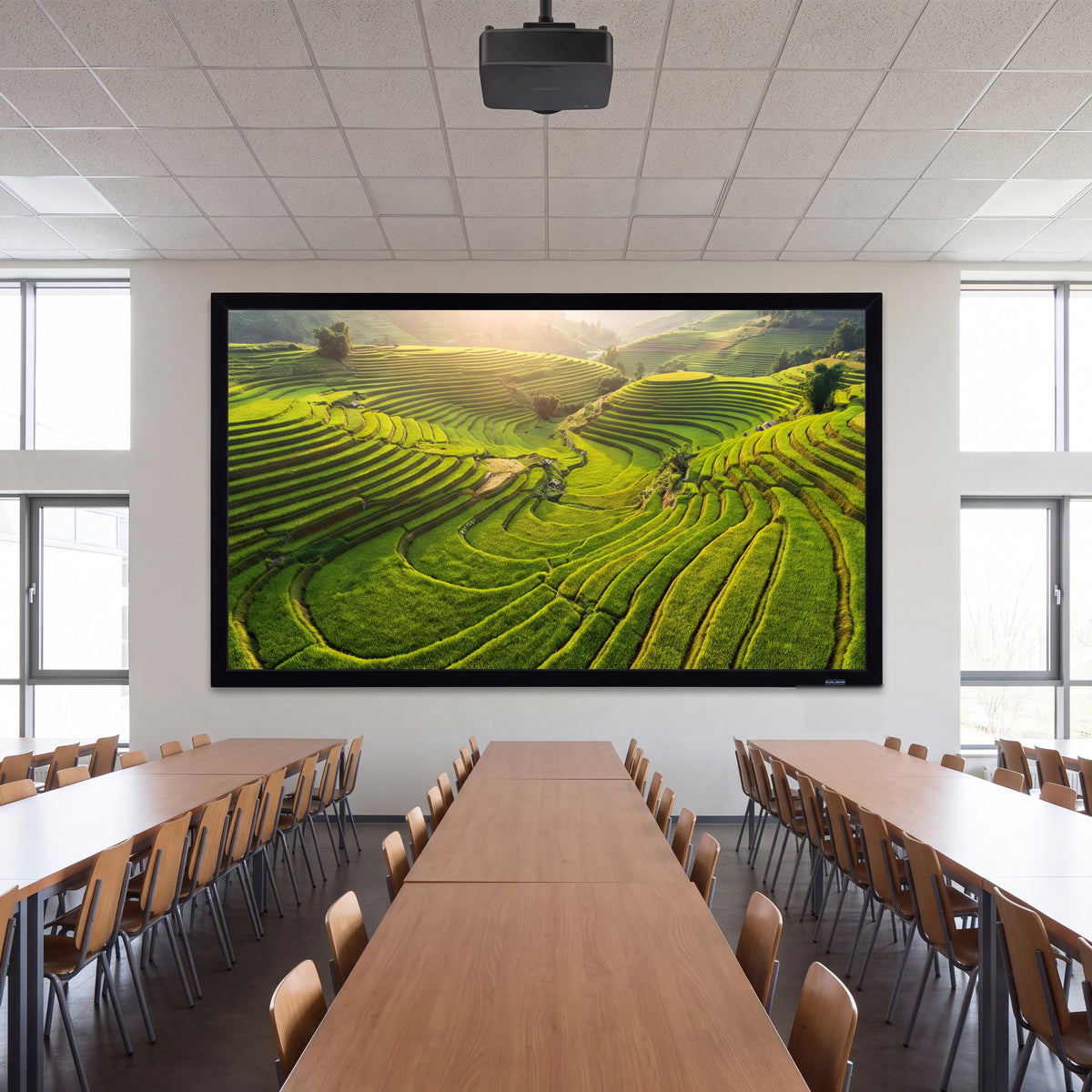 QualGear 150-In 16:9 Fixed Frame Projector Screen, shown installed.