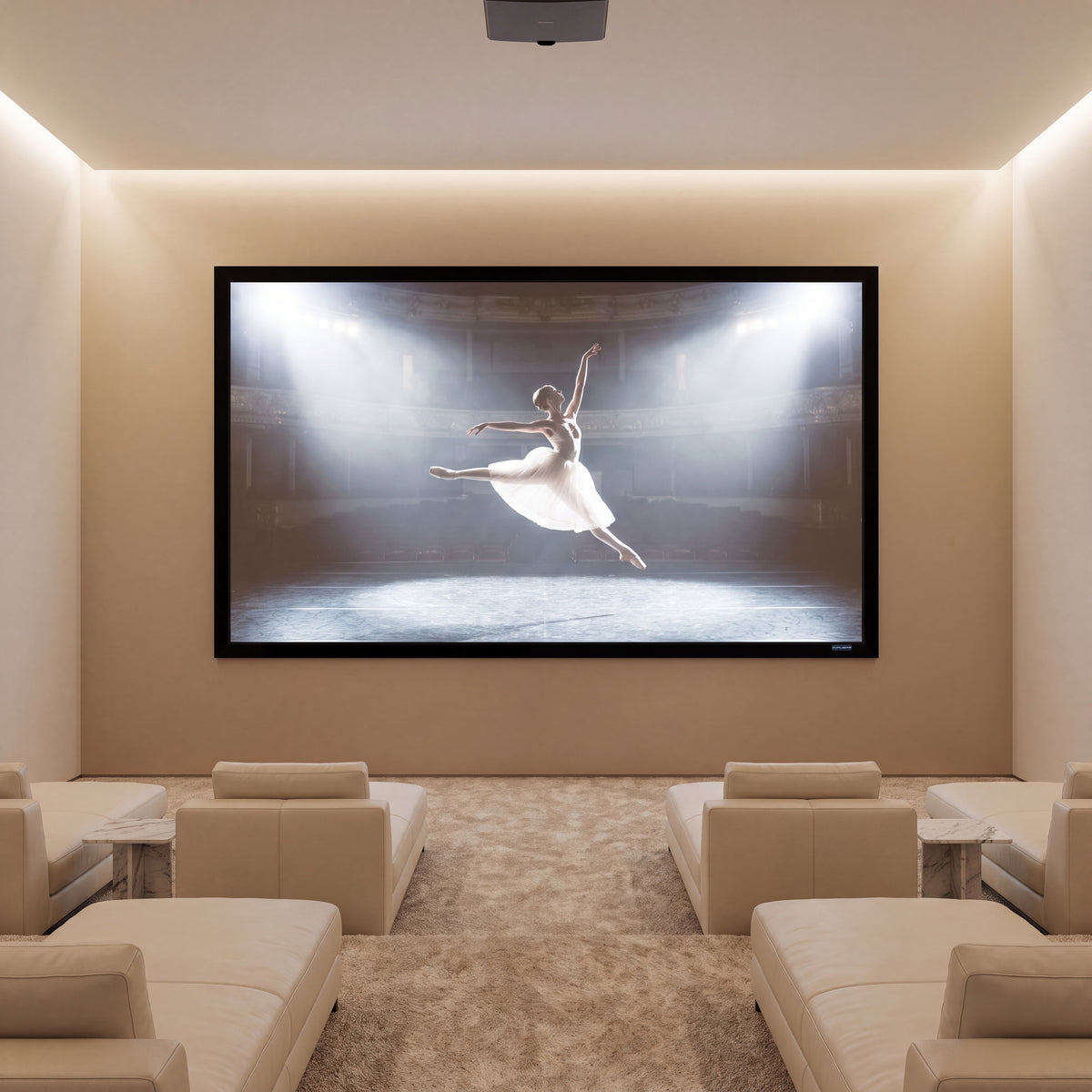 QualGear 150-In 16:9 Fixed Frame Projector Screen, shown installed.