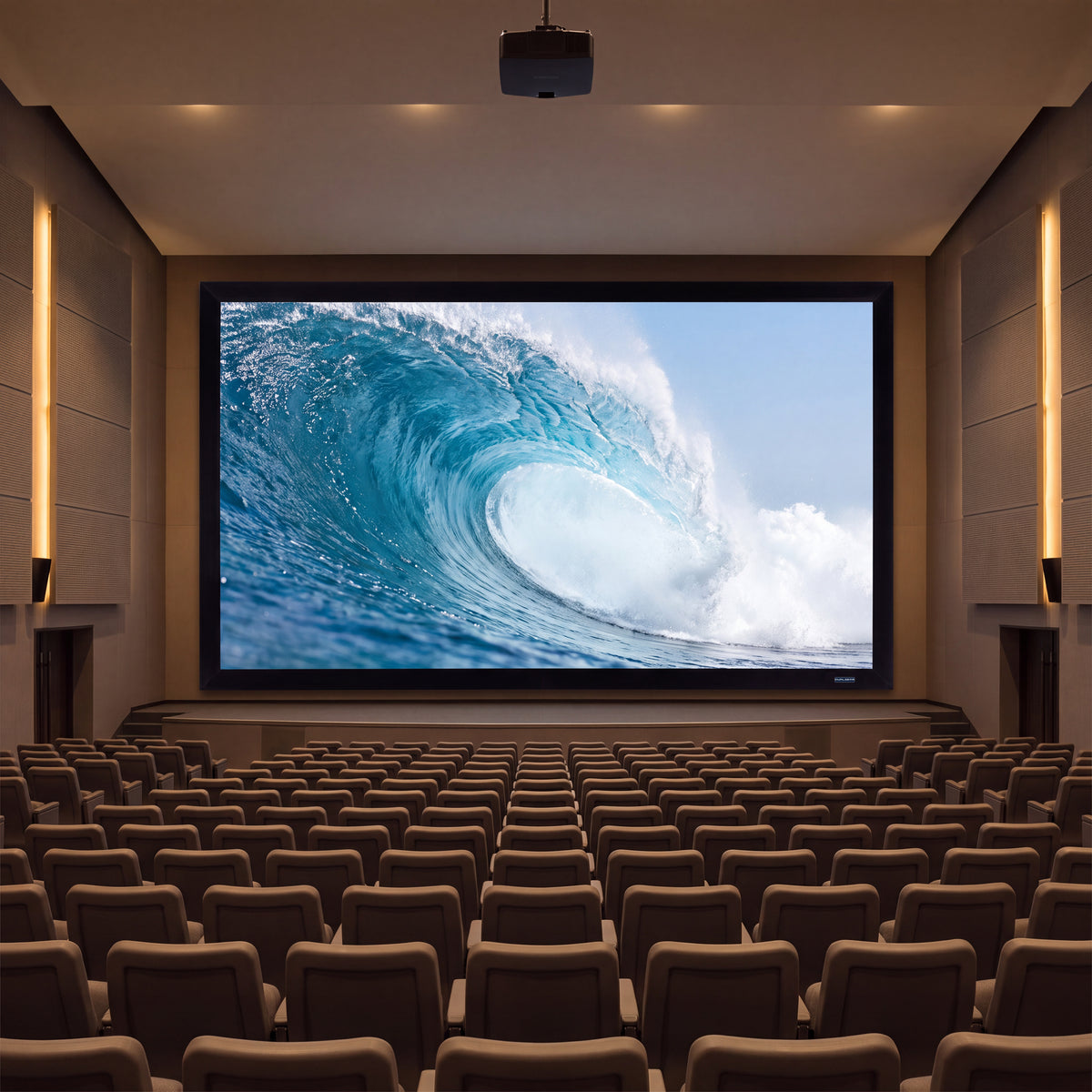 QualGear 150-In 16:9 Fixed Frame Projector Screen, shown installed.