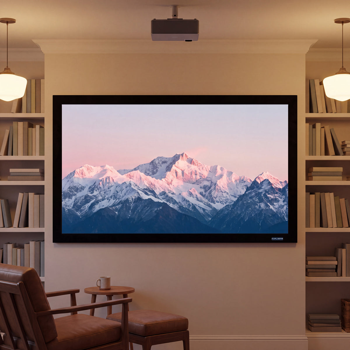 QualGear 92-In 16:9 Fixed Frame Projector Screen, shown installed.