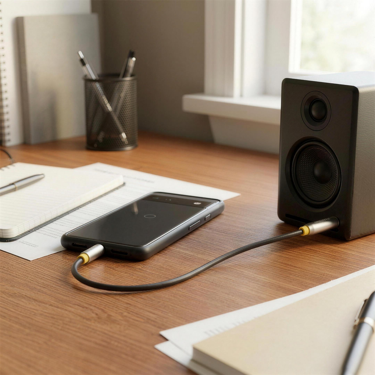 QualGear Audio Cable, Black in use, lifestyle view