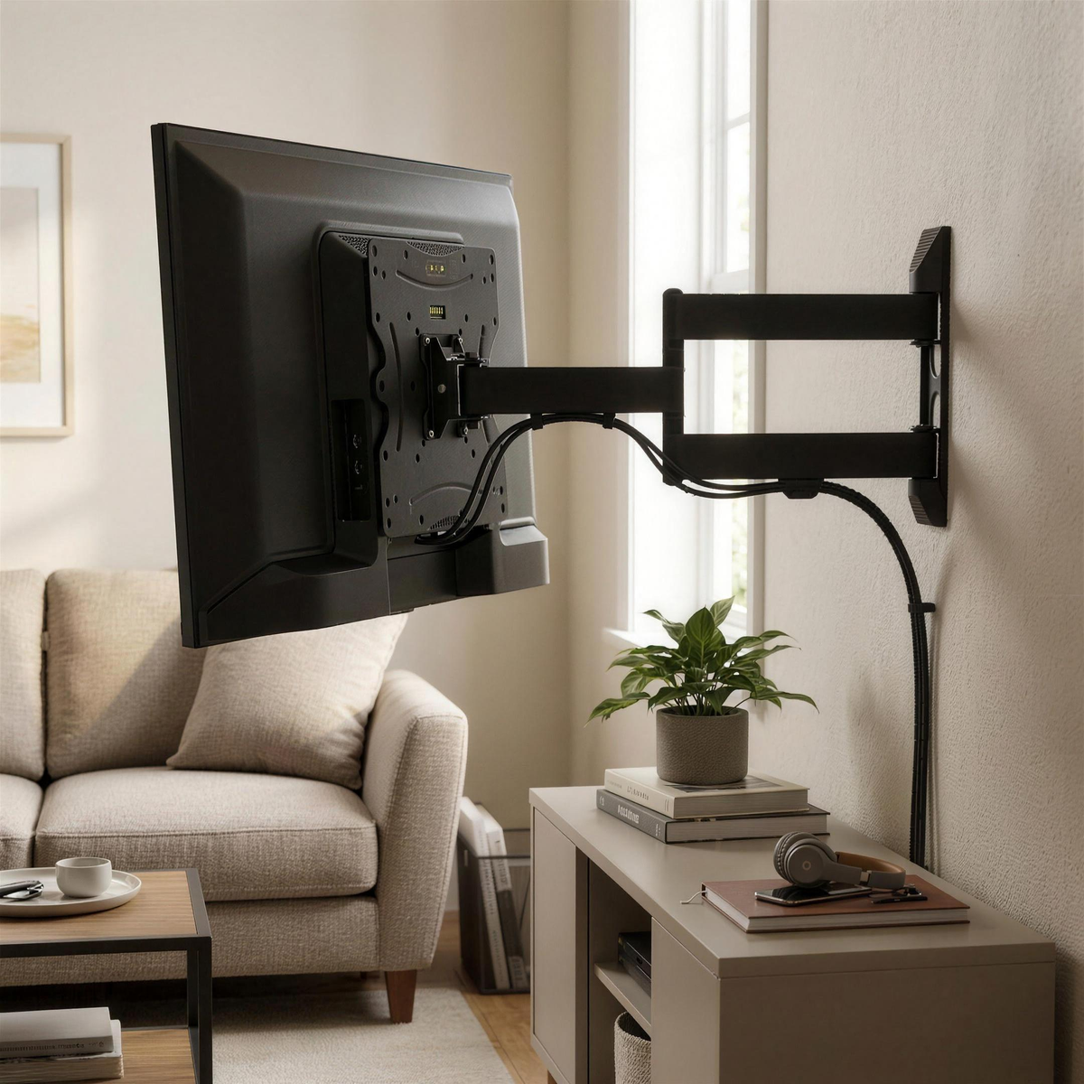 QualGear 23-42 in Articulating TV Wall Mount, Ultra Low Profile, Black in use, lifestyle view