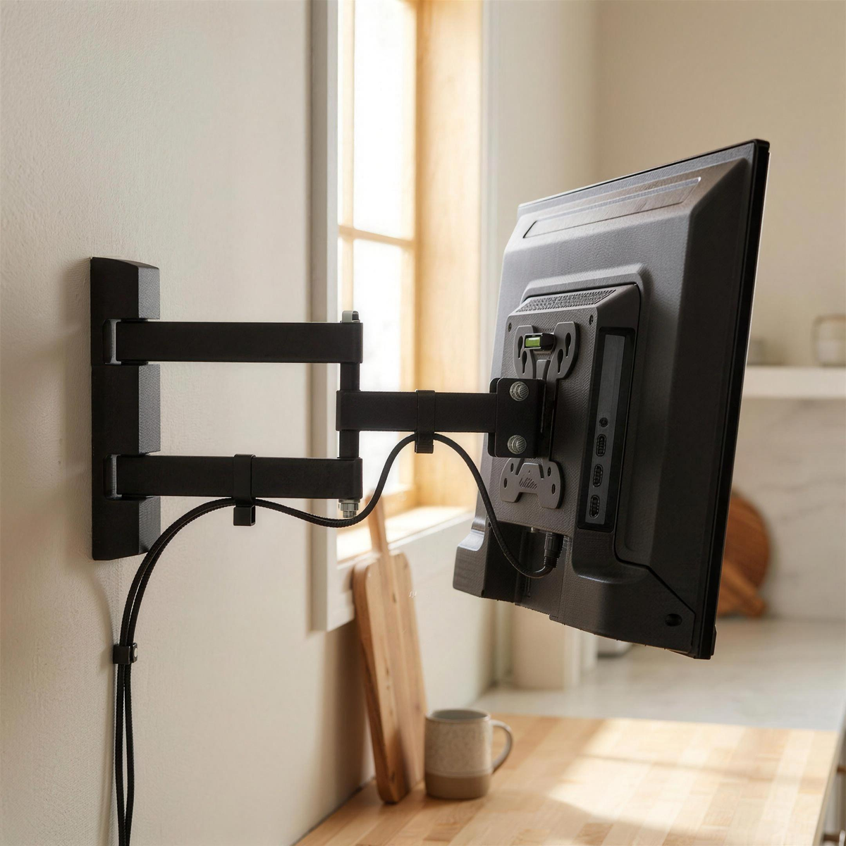 QualGear 13-27 in Full Motion TV Wall Mount, Low Profile, Black in use, lifestyle view