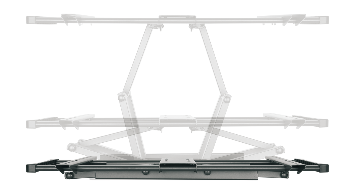 Extension range of the QualGear QG-TM-092-BLK heavy duty full motion mount, side view with ghosted positions