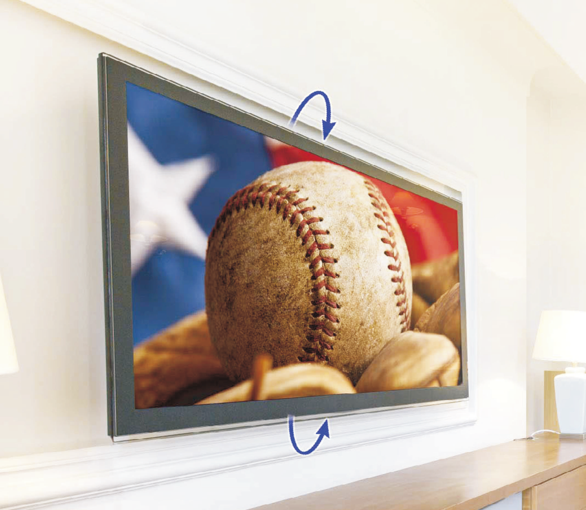 Large TV tilted downward on the QualGear QG-TM-091-BLK heavy duty tilting mount