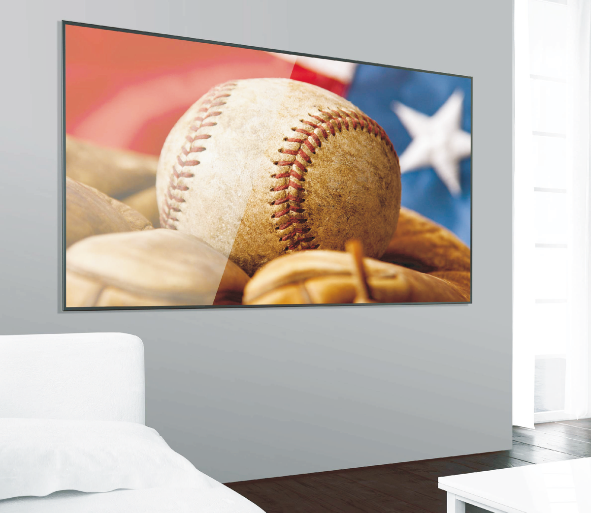 TV hung flush on a wall with the QualGear QG-TM-001 fixed wire rope mount, living room view