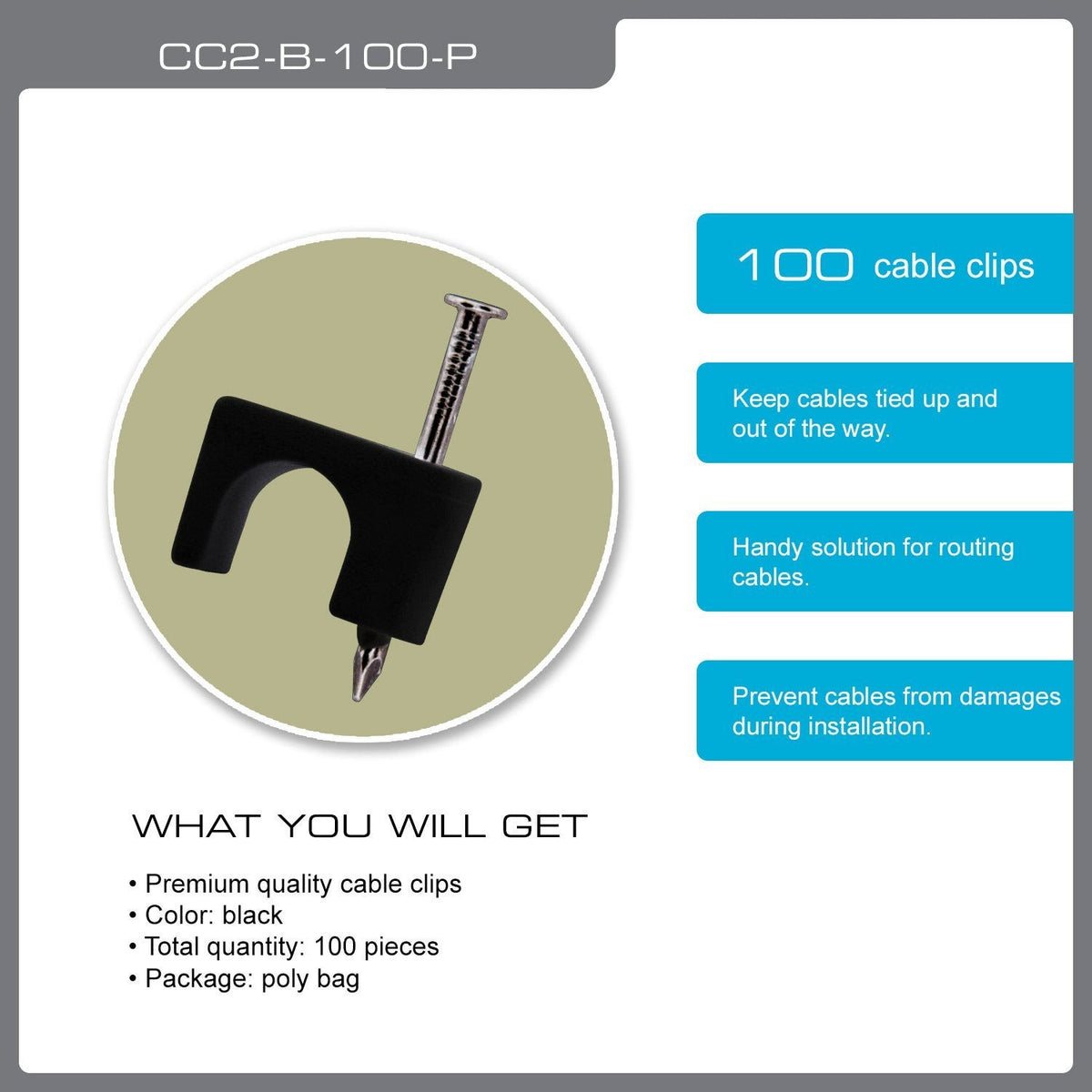 QualGear nail-in cable clips 6 mm / 0.24 in black 100 pack.