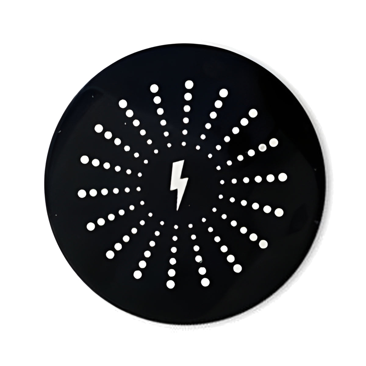 QualGear wireless charger for Smart Standing Desk tabletops, round black pad with dot pattern, top view
