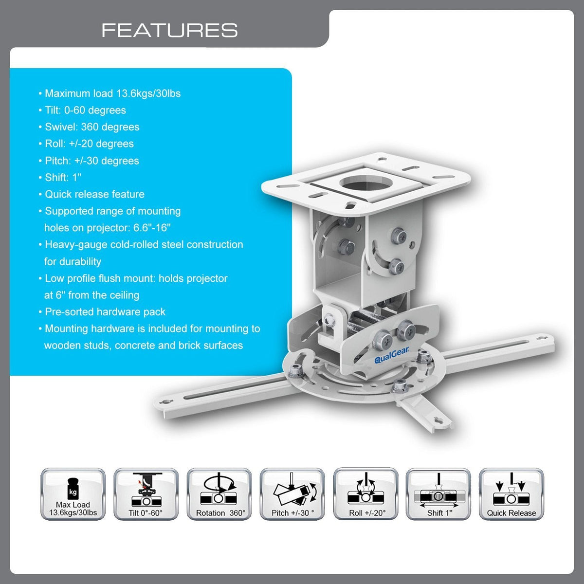 QualGear low profile universal projector ceiling mount white.
