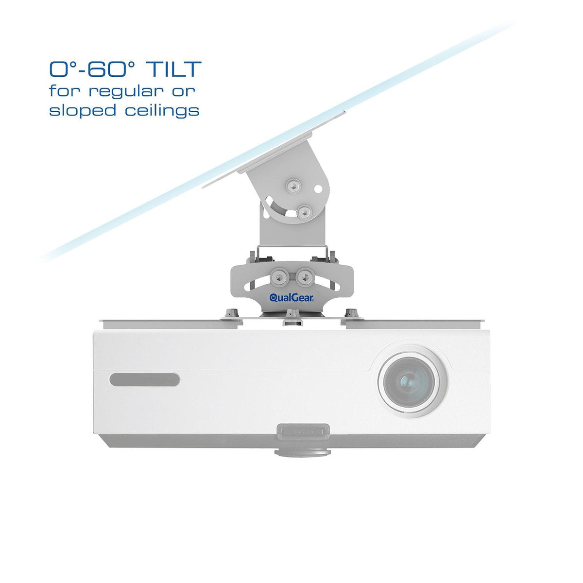 QualGear low profile universal projector ceiling mount white, showing tilt range.