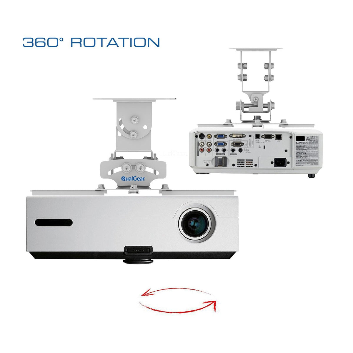QualGear low profile universal projector ceiling mount white, showing swivel range.