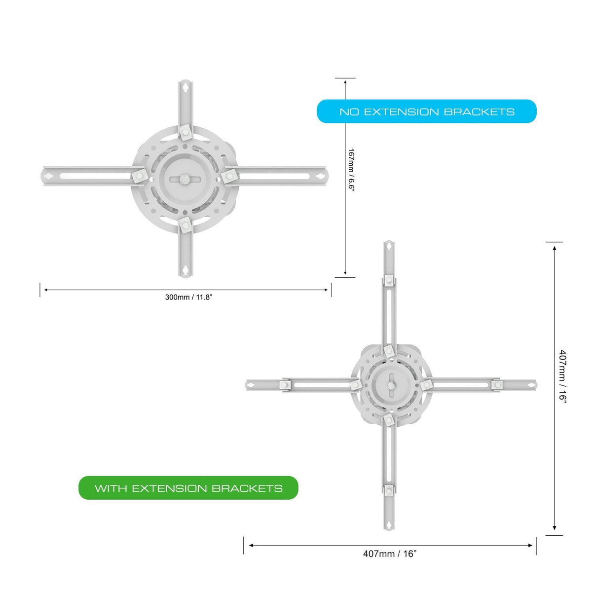 QualGear low profile universal projector ceiling mount white, extension detail.
